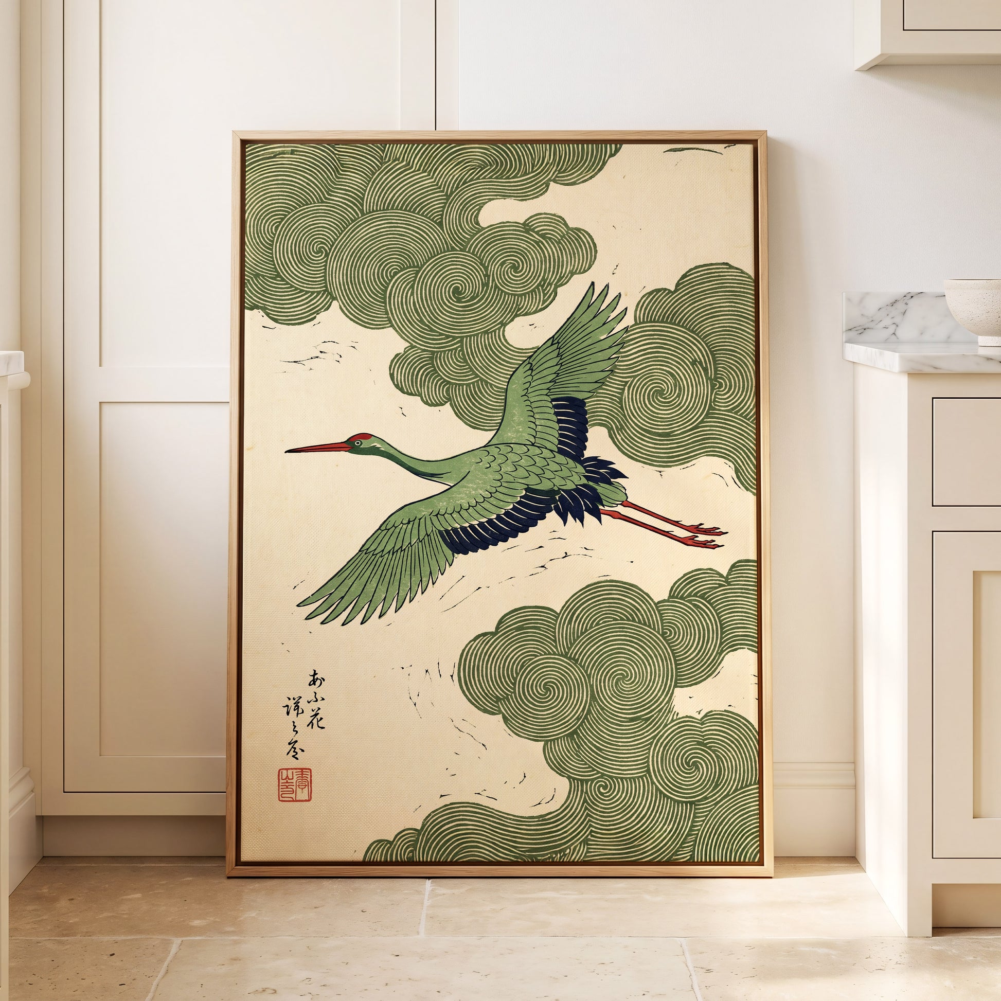 Verdant Crane Ascent, green, beige, black nature wall art displayed in a styled interior, gallery view 8