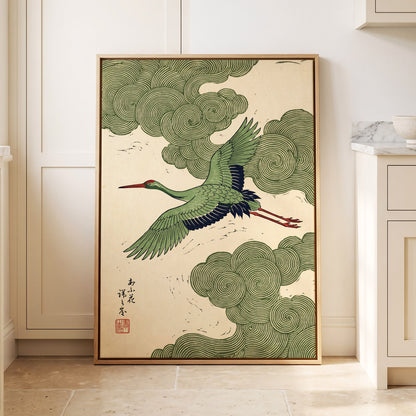 Verdant Crane Ascent, green, beige, black nature wall art displayed in a styled interior, gallery view 8