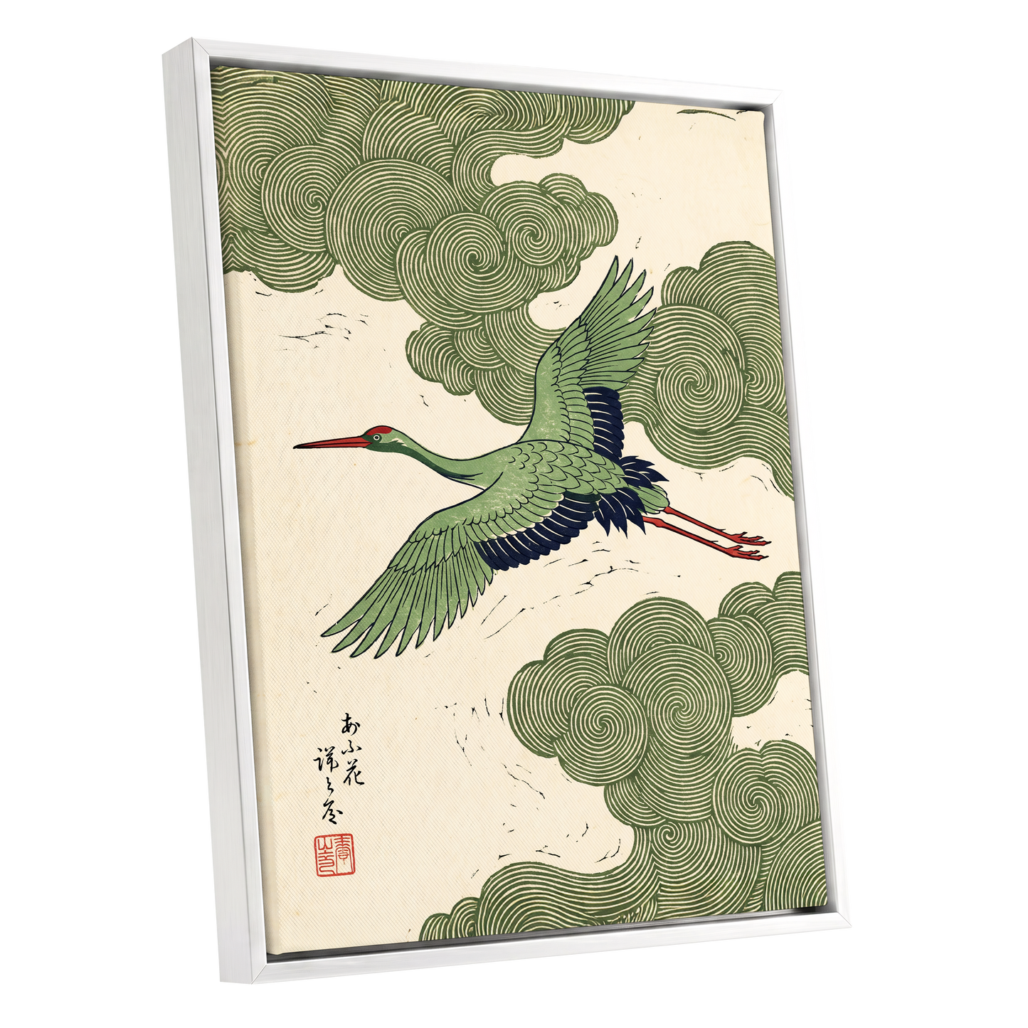 Verdant Crane Ascent, green, beige, black nature wall art shown as a white framed canvas wall art