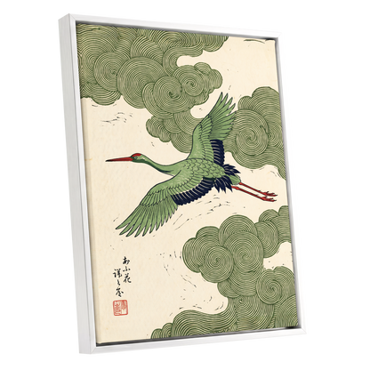 Verdant Crane Ascent, green, beige, black nature wall art shown as a white framed canvas wall art
