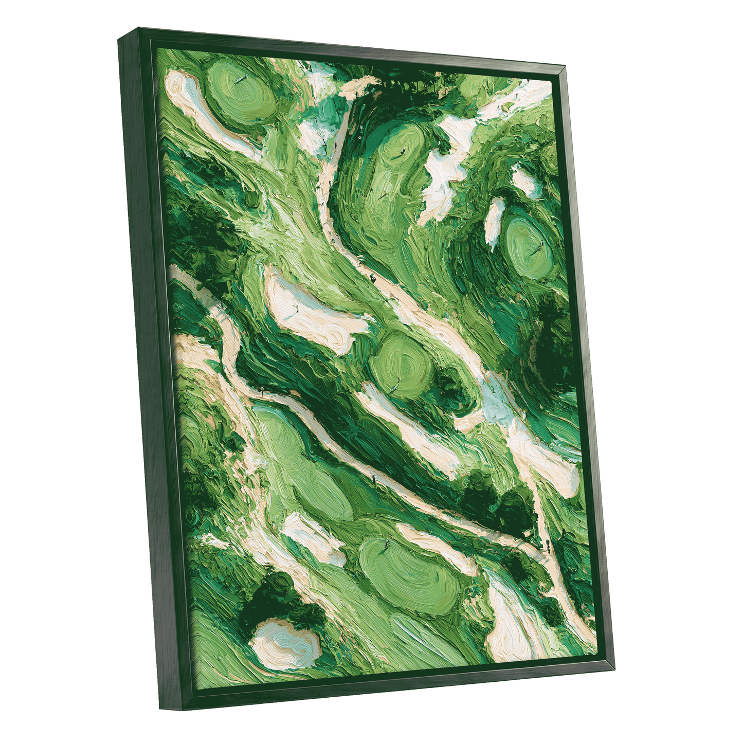 Verdant Currents, green, beige, white nature wall art shown as a black framed canvas wall art