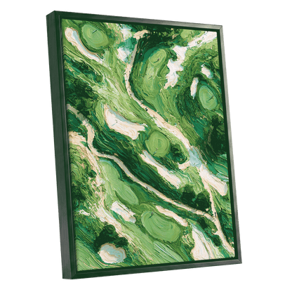 Verdant Currents, green, beige, white nature wall art shown as a black framed canvas wall art