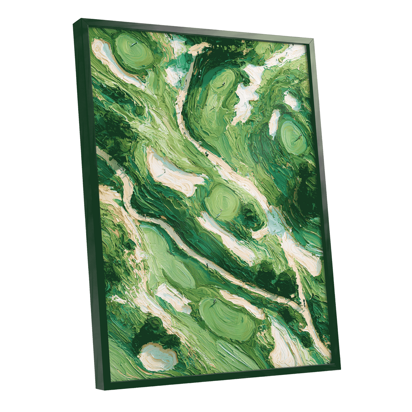 Verdant Currents, green, beige, white nature wall art shown as a black framed poster wall art print