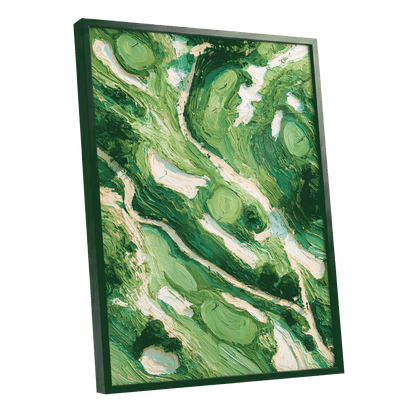 Verdant Currents, green, beige, white nature wall art shown as a black framed poster wall art print