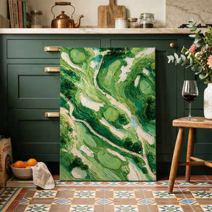 Verdant Currents, green, beige, white nature wall art on canvas displayed in a styled interior, gallery view 1