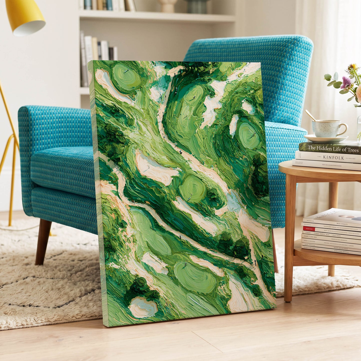 Verdant Currents, green, beige, white nature wall art on canvas displayed in a styled interior, gallery view 2