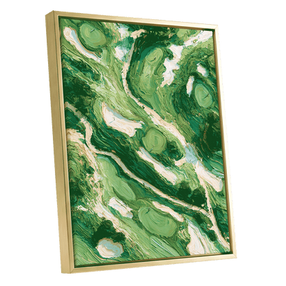 Verdant Currents, green, beige, white nature wall art shown as a gold framed canvas wall art