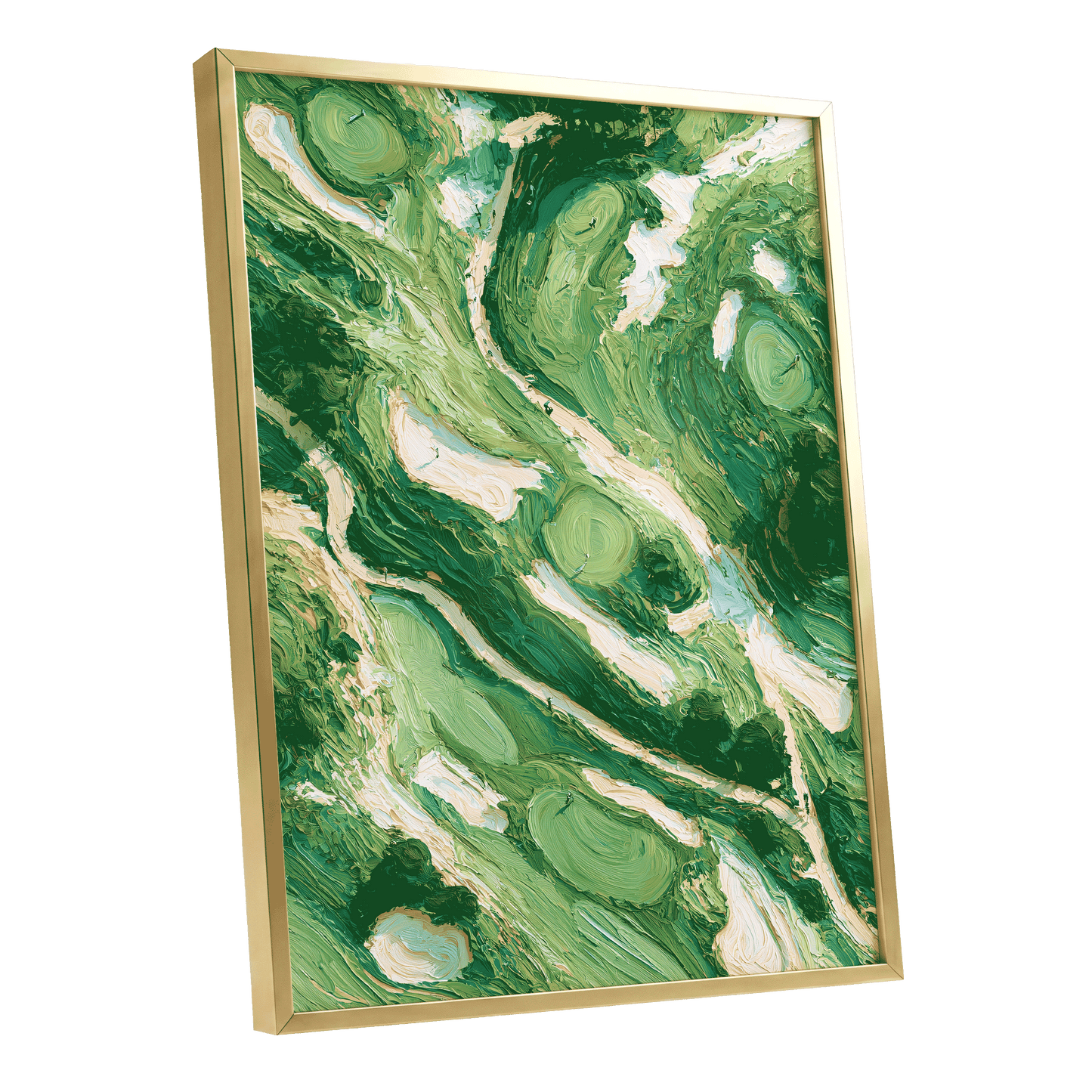 Verdant Currents, green, beige, white nature wall art shown as a gold framed poster wall art print