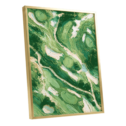 Verdant Currents, green, beige, white nature wall art shown as a gold framed poster wall art print