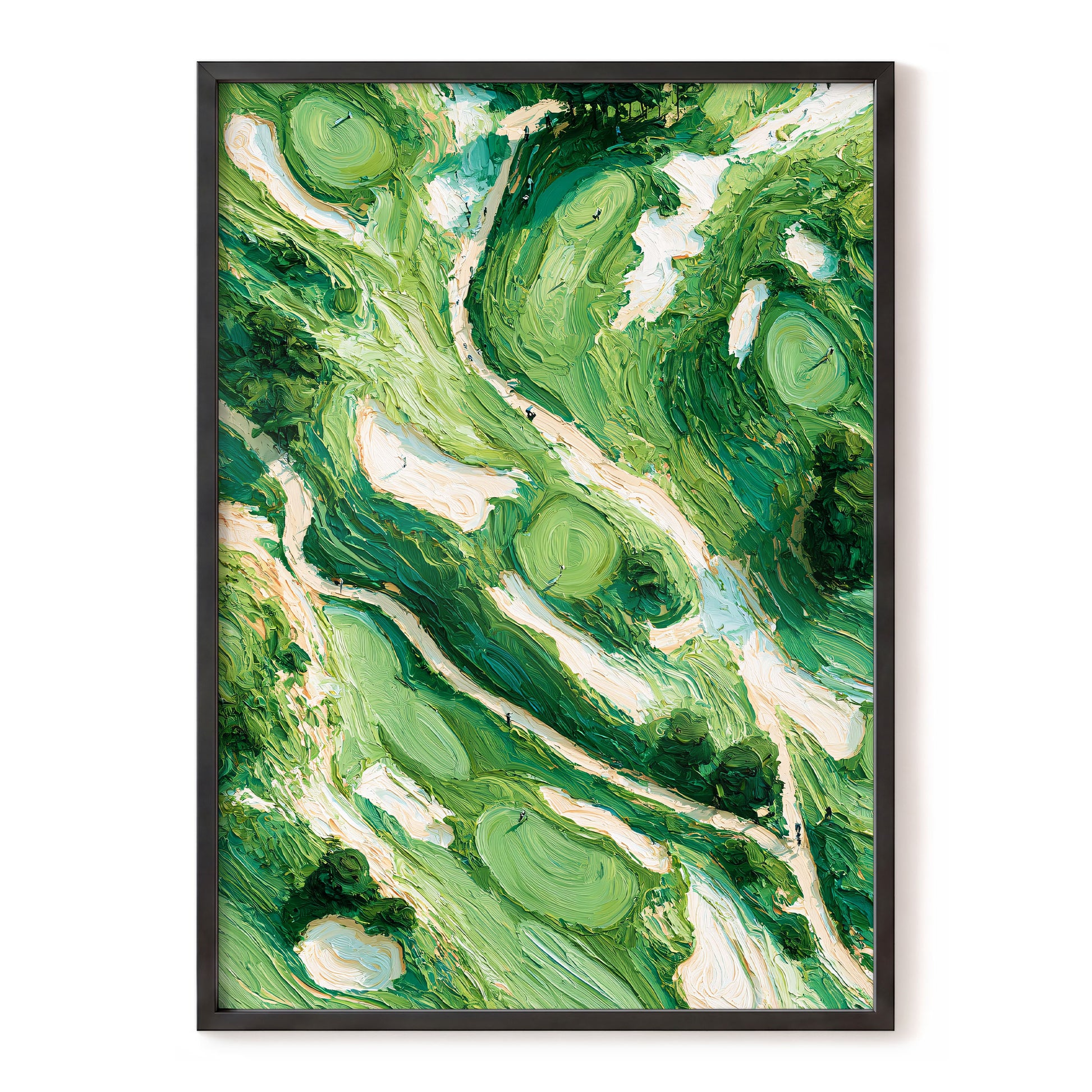 Verdant Currents, green, beige, white nature wall art, front artwork view