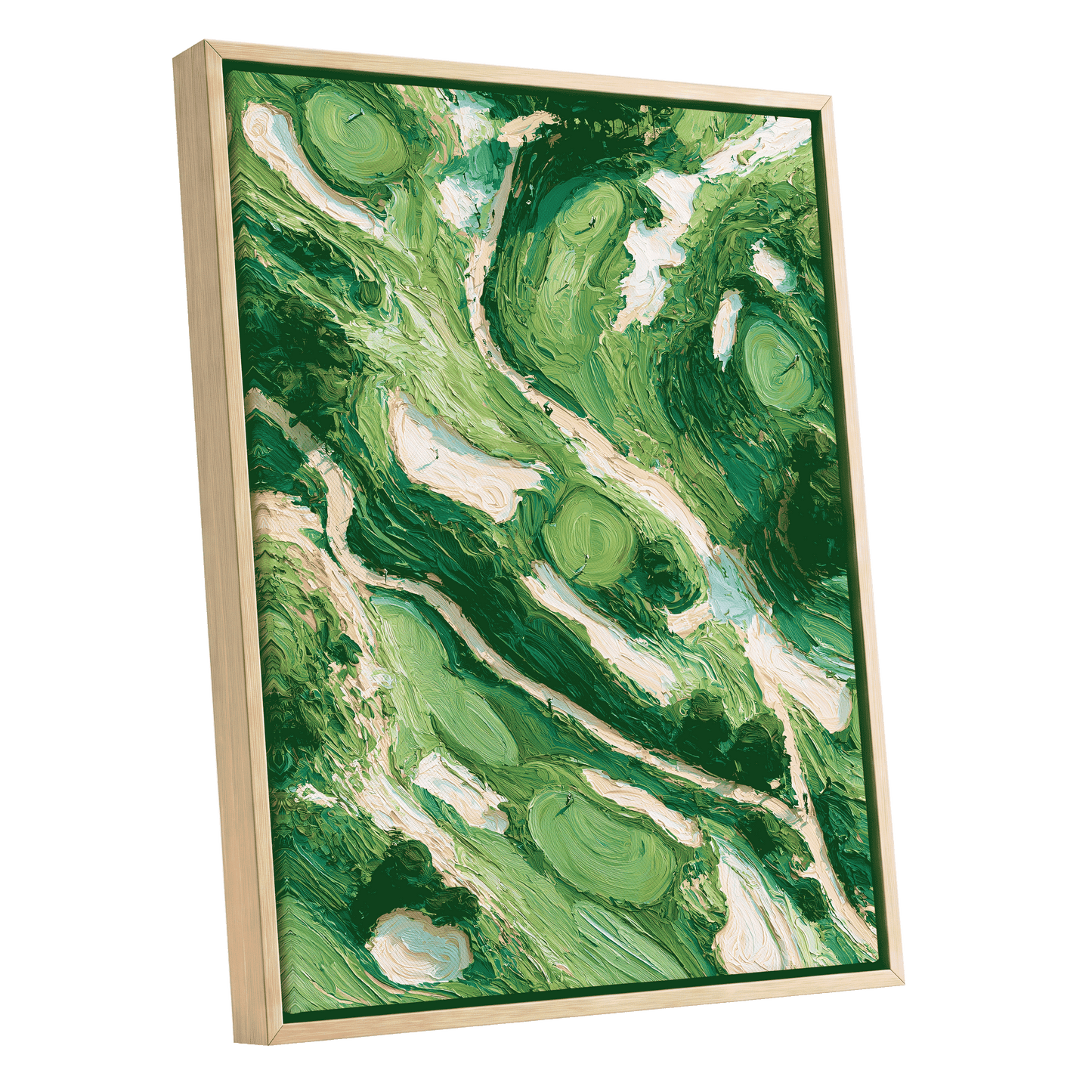 Verdant Currents, green, beige, white nature wall art shown as a oak framed canvas wall art