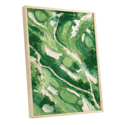 Verdant Currents, green, beige, white nature wall art shown as a oak framed poster wall art print