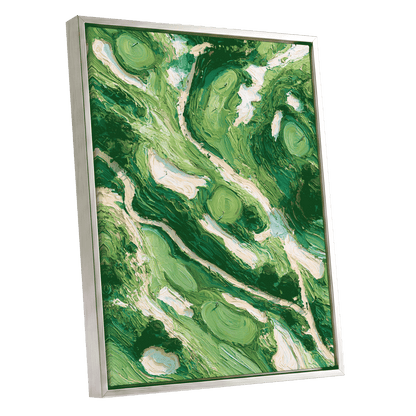 Verdant Currents, green, beige, white nature wall art shown as a silver framed canvas wall art