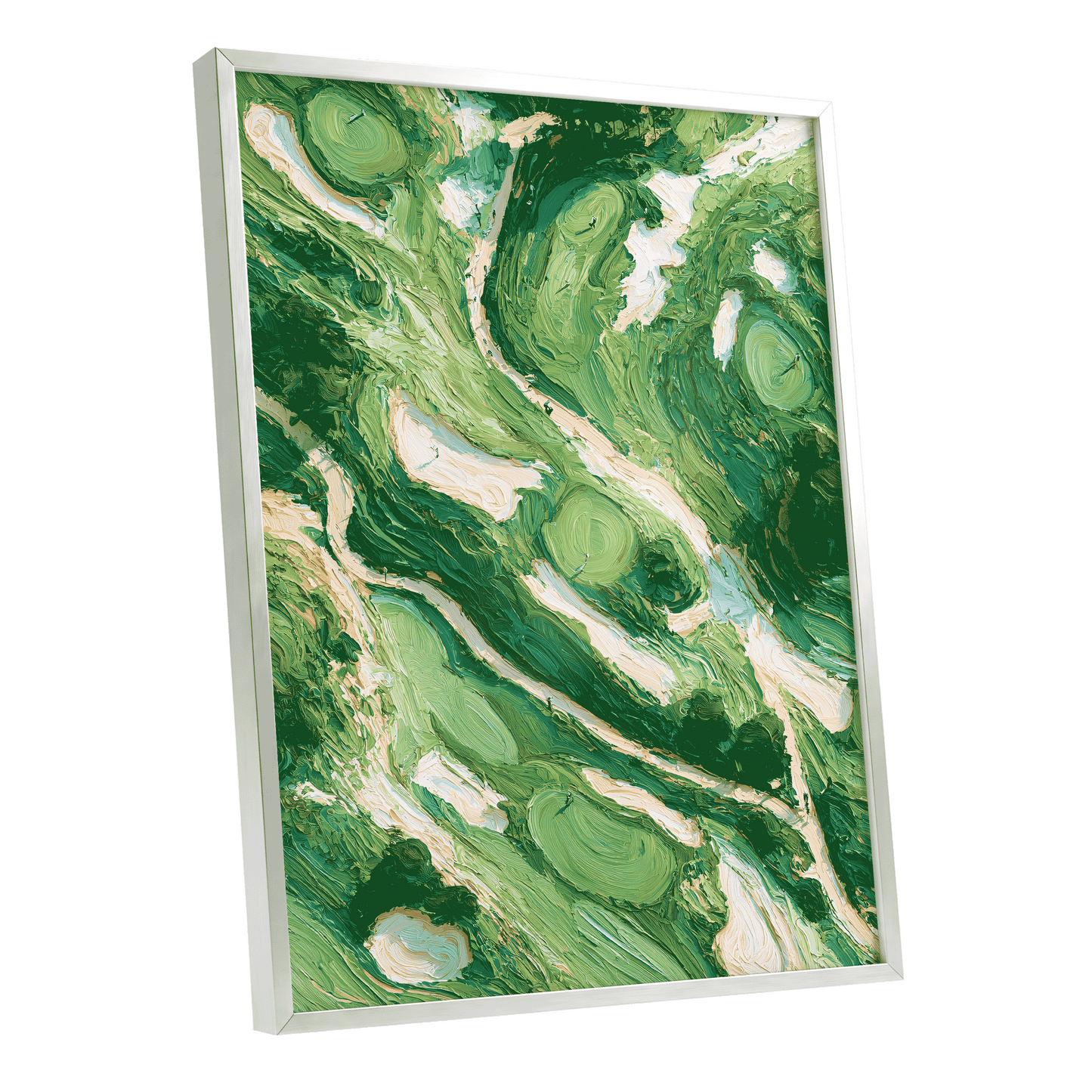 Verdant Currents, green, beige, white nature wall art shown as a silver framed poster wall art print