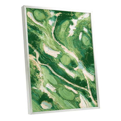 Verdant Currents, green, beige, white nature wall art shown as a silver framed poster wall art print