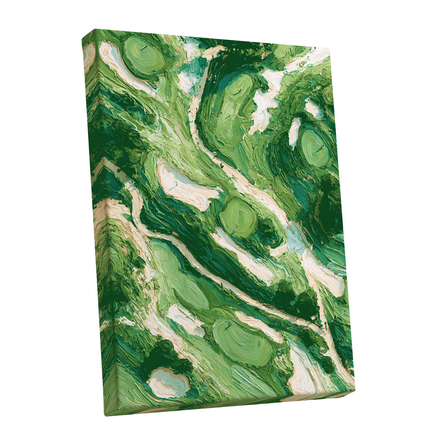Verdant Currents, green, beige, white nature wall art shown as a stretched canvas wall art