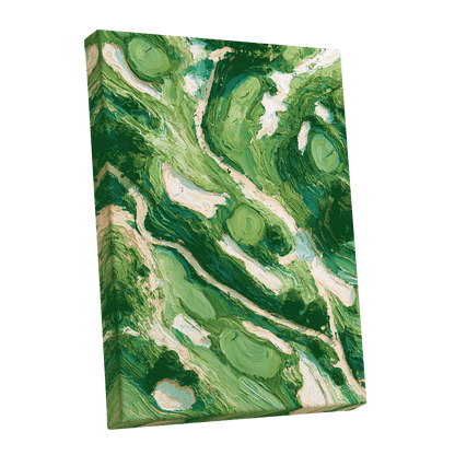 Verdant Currents, green, beige, white nature wall art shown as a stretched canvas wall art