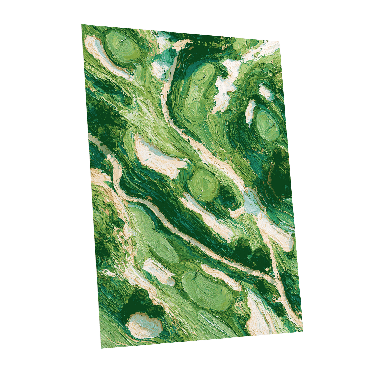 Verdant Currents, green, beige, white nature wall art shown as a unframed poster wall art print