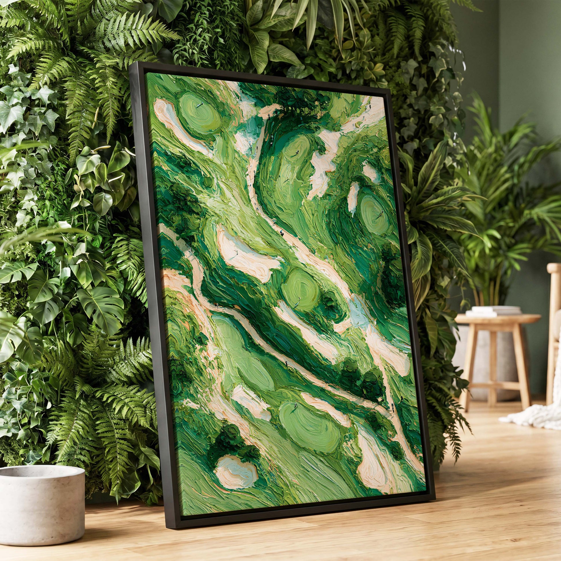 Verdant Currents, green, beige, white nature wall art displayed in a styled interior, gallery view 1