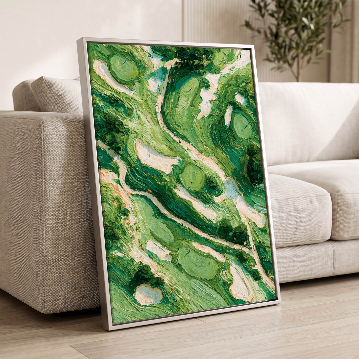 Verdant Currents, green, beige, white nature wall art displayed in a styled interior, gallery view 2