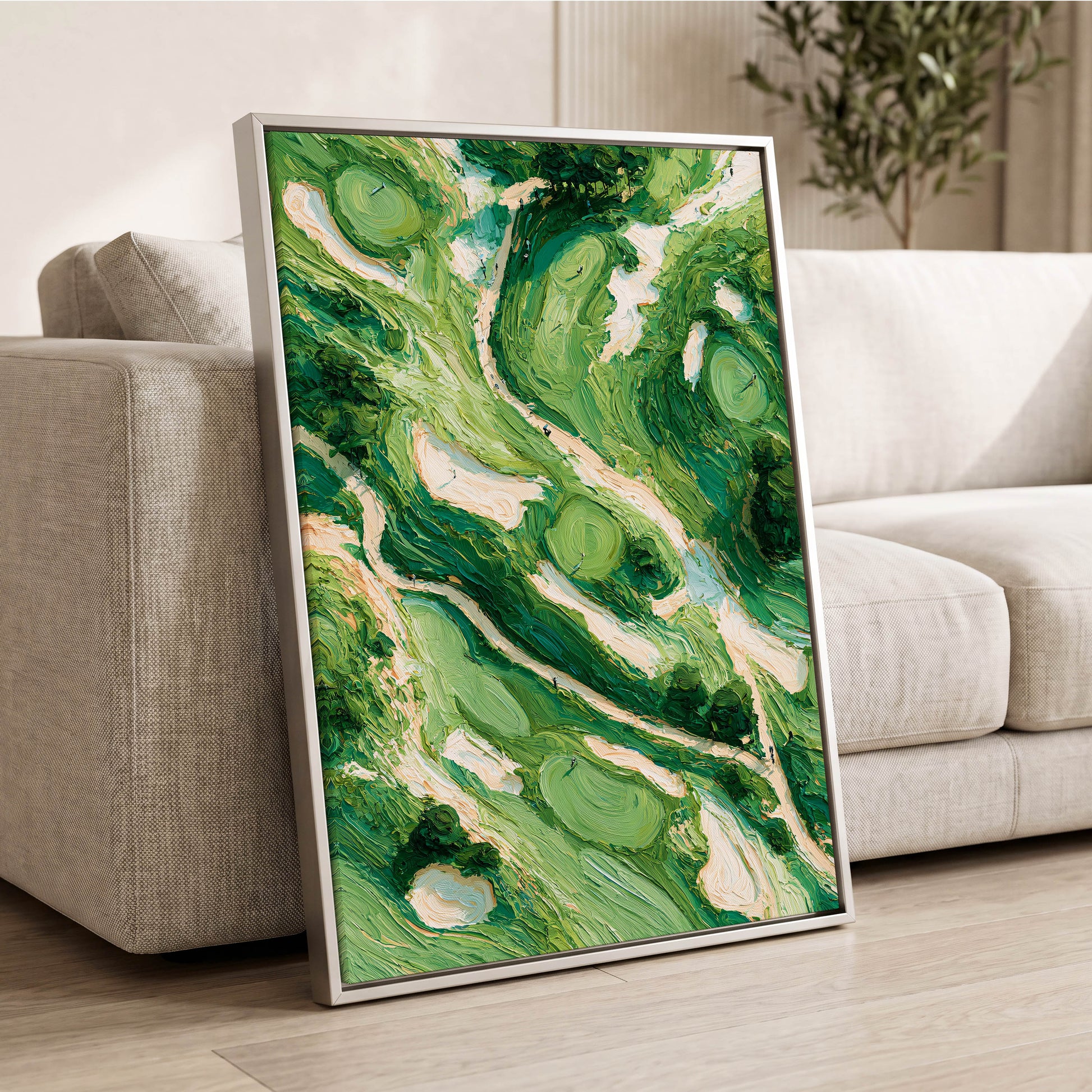 Verdant Currents, green, beige, white nature wall art displayed in a styled interior, gallery view 2