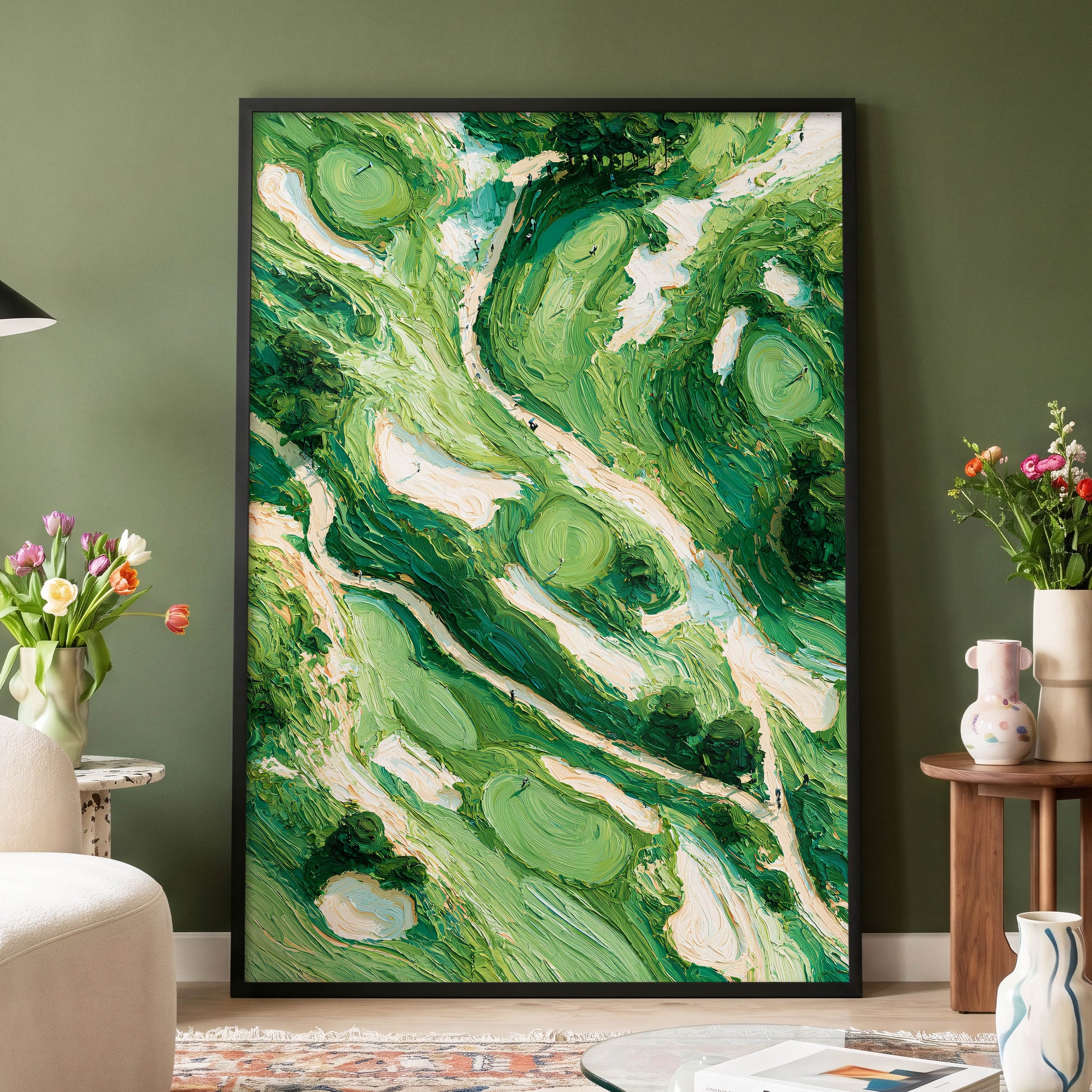 Verdant Currents, green, beige, white nature wall art displayed in a styled interior, gallery view 4