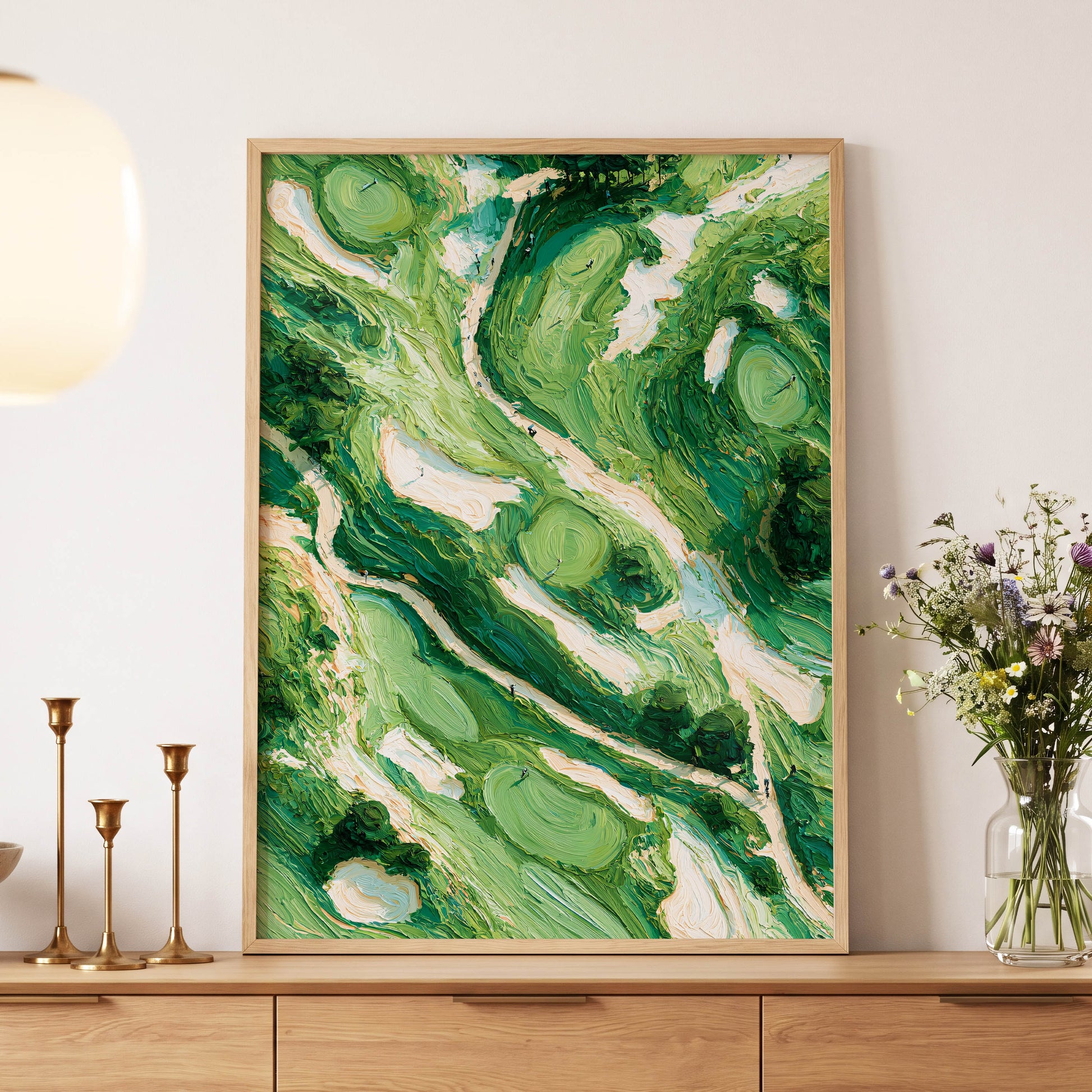 Verdant Currents, green, beige, white nature wall art displayed in a styled interior, gallery view 5