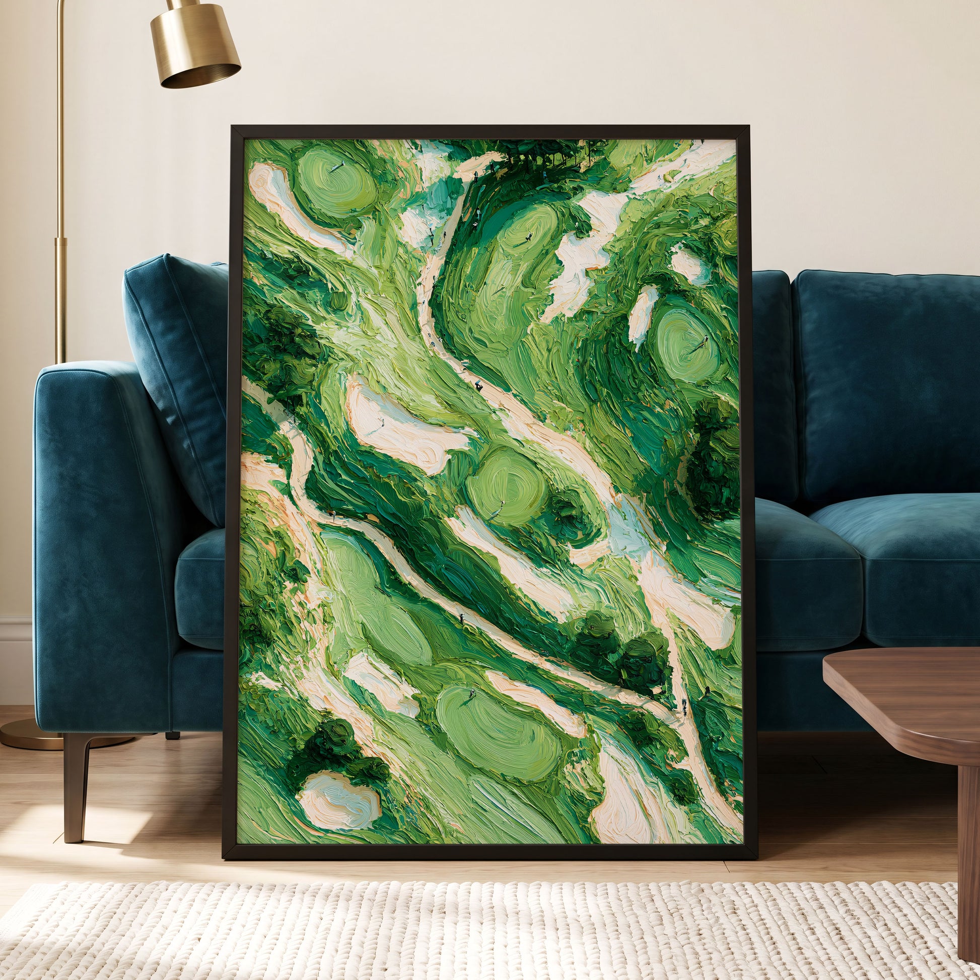 Verdant Currents, green, beige, white nature wall art displayed in a styled interior, gallery view 6