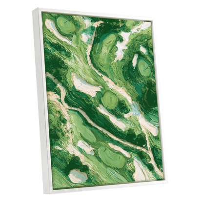 Verdant Currents, green, beige, white nature wall art shown as a white framed canvas wall art