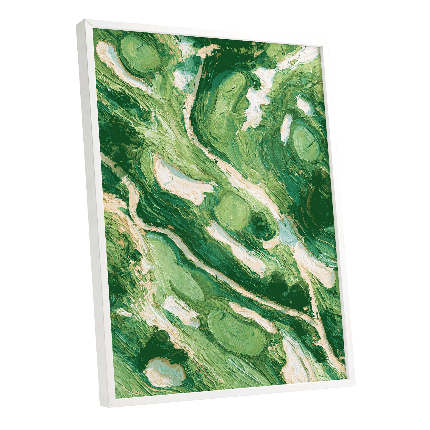 Verdant Currents, green, beige, white nature wall art shown as a white framed poster wall art print