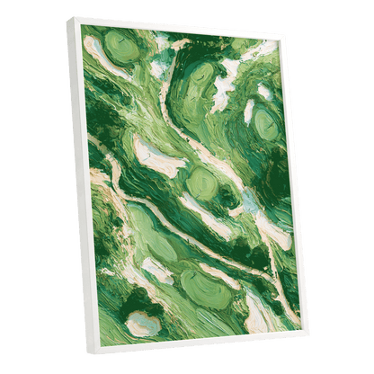 Verdant Currents, green, beige, white nature wall art shown as a white framed poster wall art print