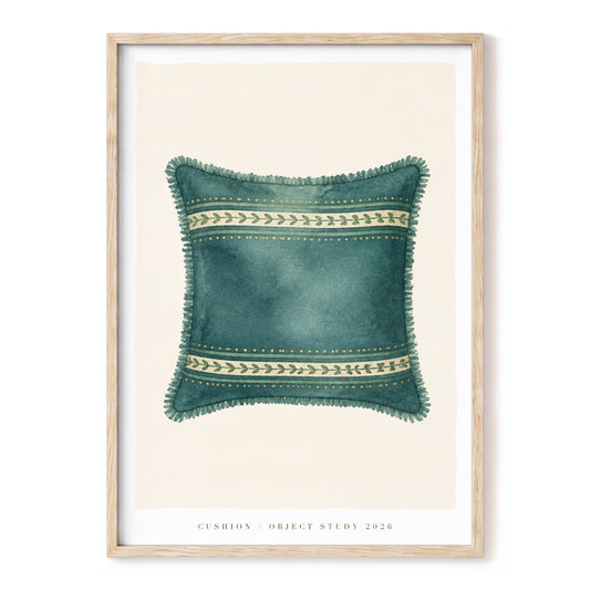 Verdant Cushion Study, green, beige, gold minimalist wall art, front artwork view