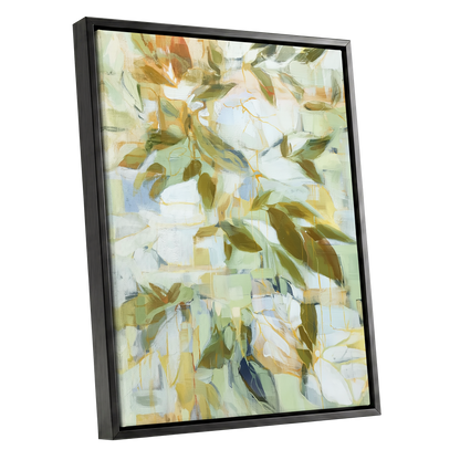 Verdant Drift, green, beige, white nature wall art shown as a black framed canvas wall art