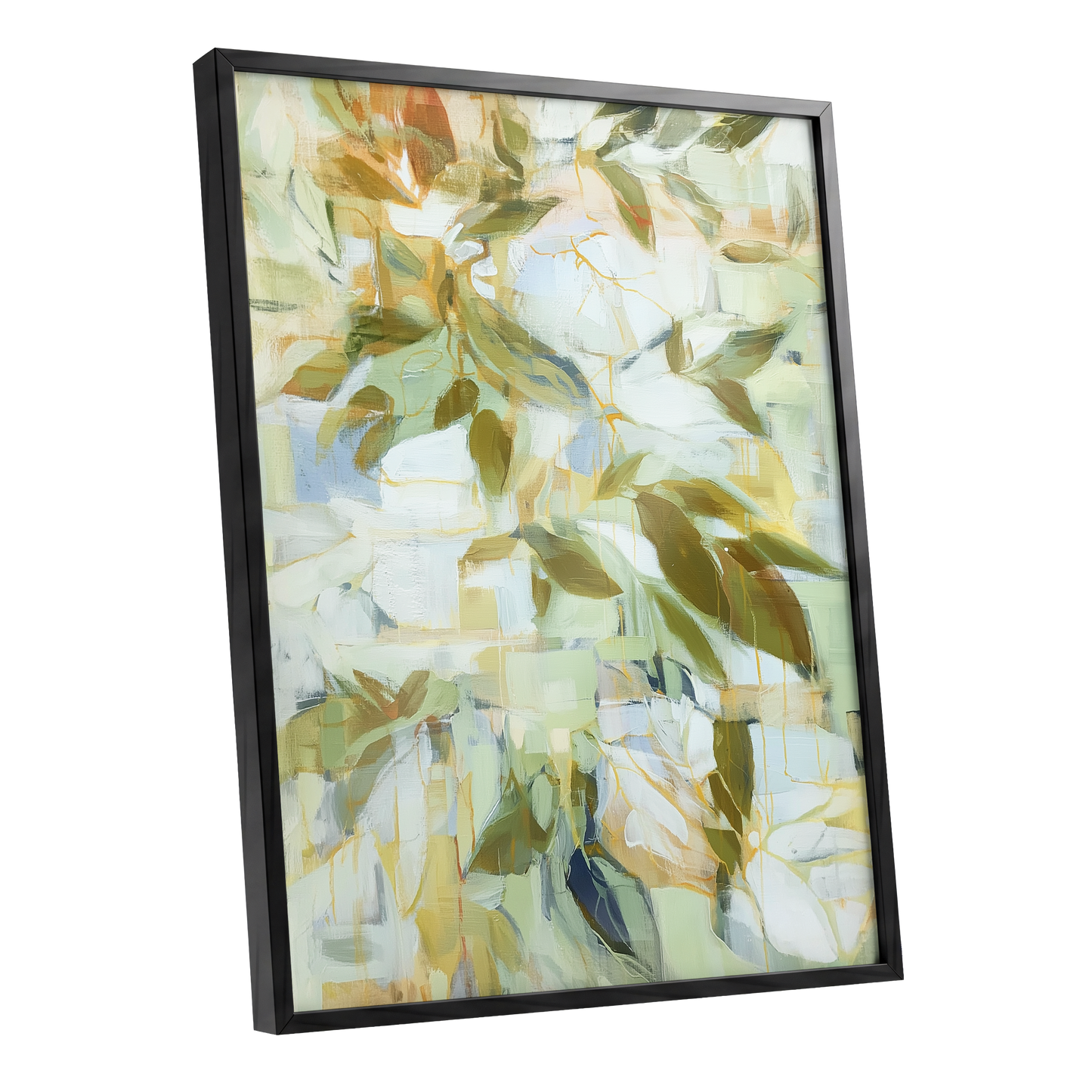 Verdant Drift, green, beige, white nature wall art shown as a black framed poster wall art print