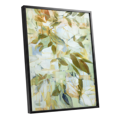 Verdant Drift, green, beige, white nature wall art shown as a black framed poster wall art print