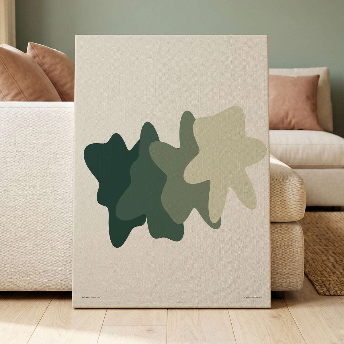 Verdant Drift, green, beige, white abstract wall art on canvas displayed in a styled interior, gallery view 1