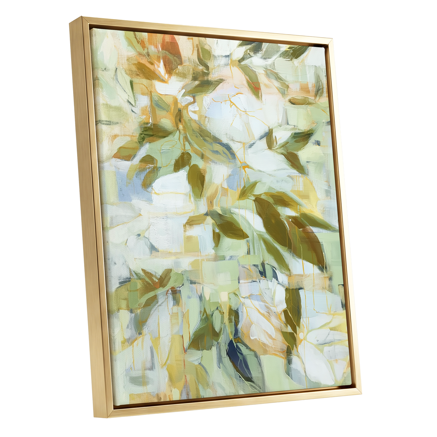 Verdant Drift, green, beige, white nature wall art shown as a gold framed canvas wall art