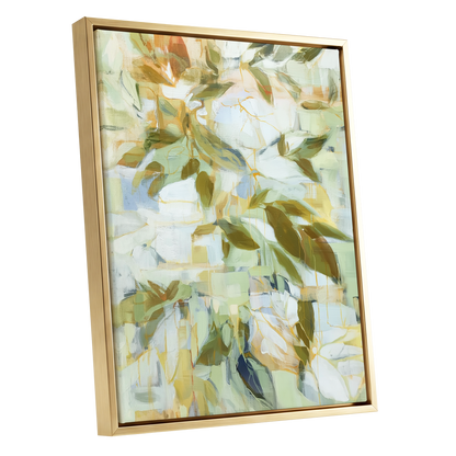 Verdant Drift, green, beige, white nature wall art shown as a gold framed canvas wall art