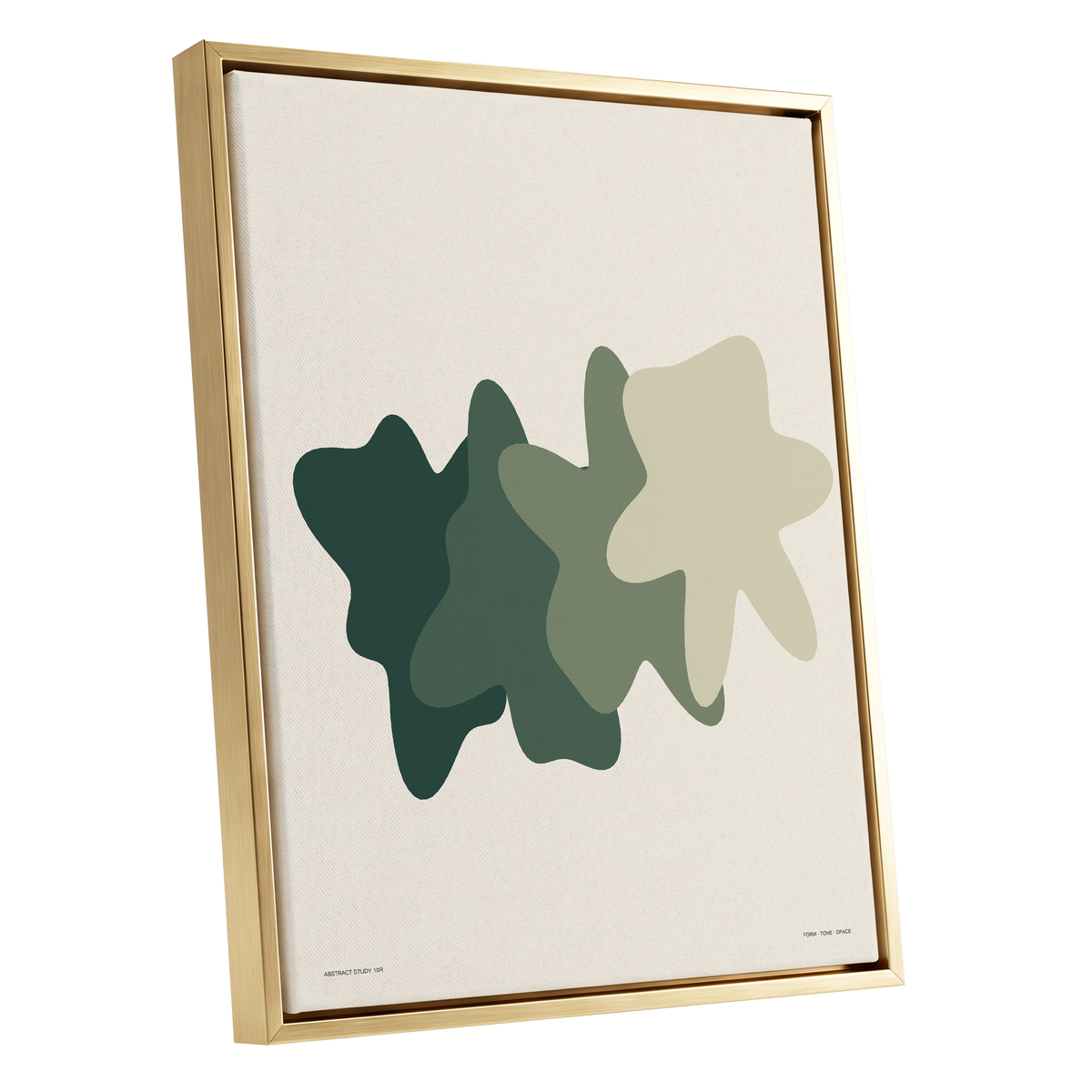Verdant Drift, green, beige, white abstract wall art shown as a gold framed canvas wall art