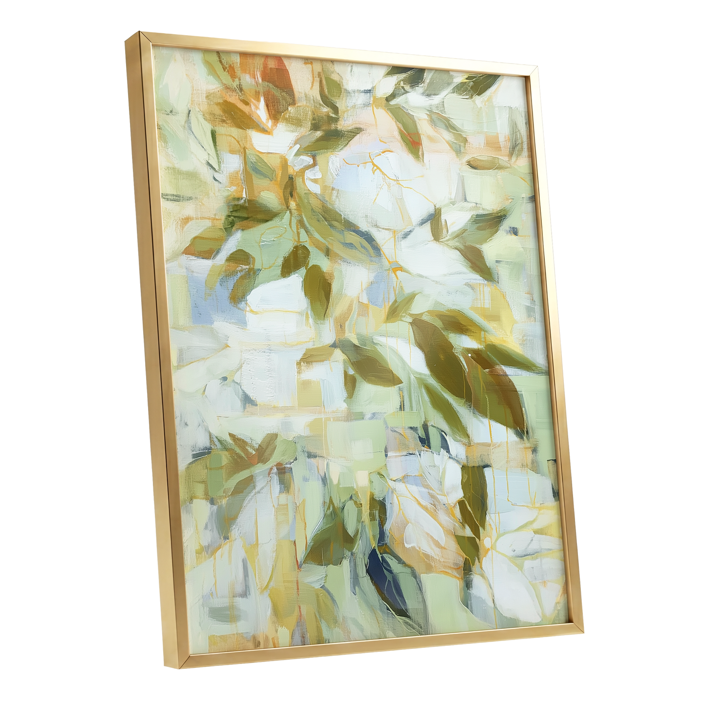 Verdant Drift, green, beige, white nature wall art shown as a gold framed poster wall art print