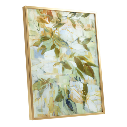 Verdant Drift, green, beige, white nature wall art shown as a gold framed poster wall art print