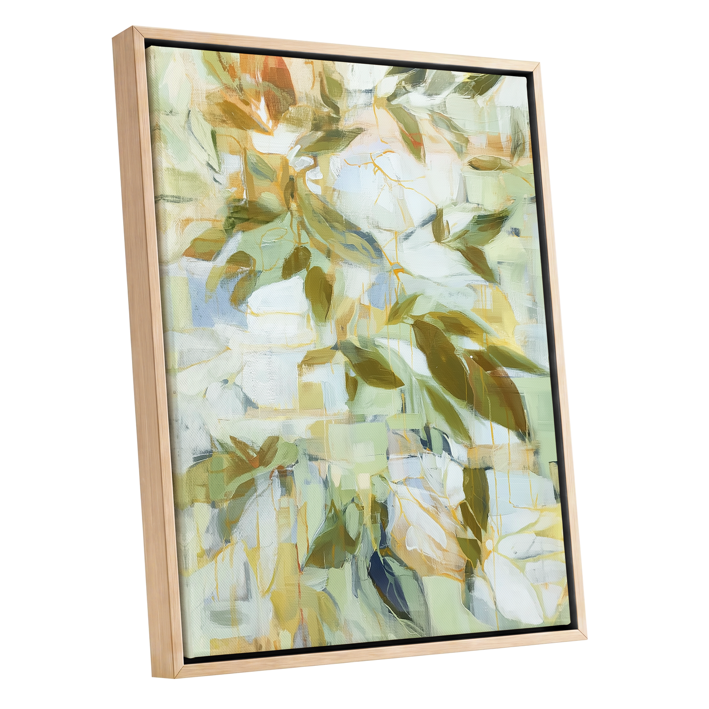 Verdant Drift, green, beige, white nature wall art shown as a oak framed canvas wall art
