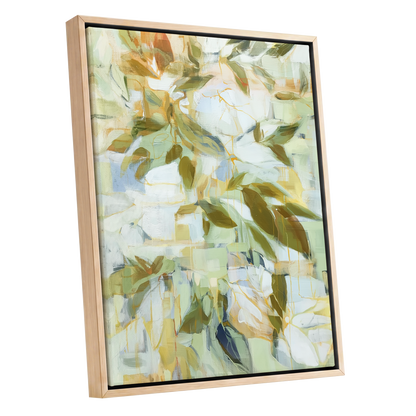 Verdant Drift, green, beige, white nature wall art shown as a oak framed canvas wall art