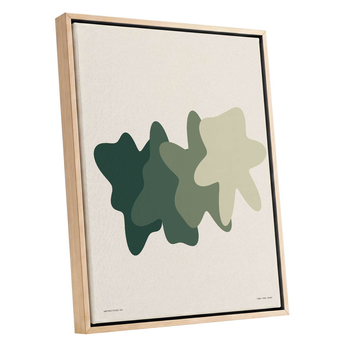 Verdant Drift, green, beige, white abstract wall art shown as a oak framed canvas wall art