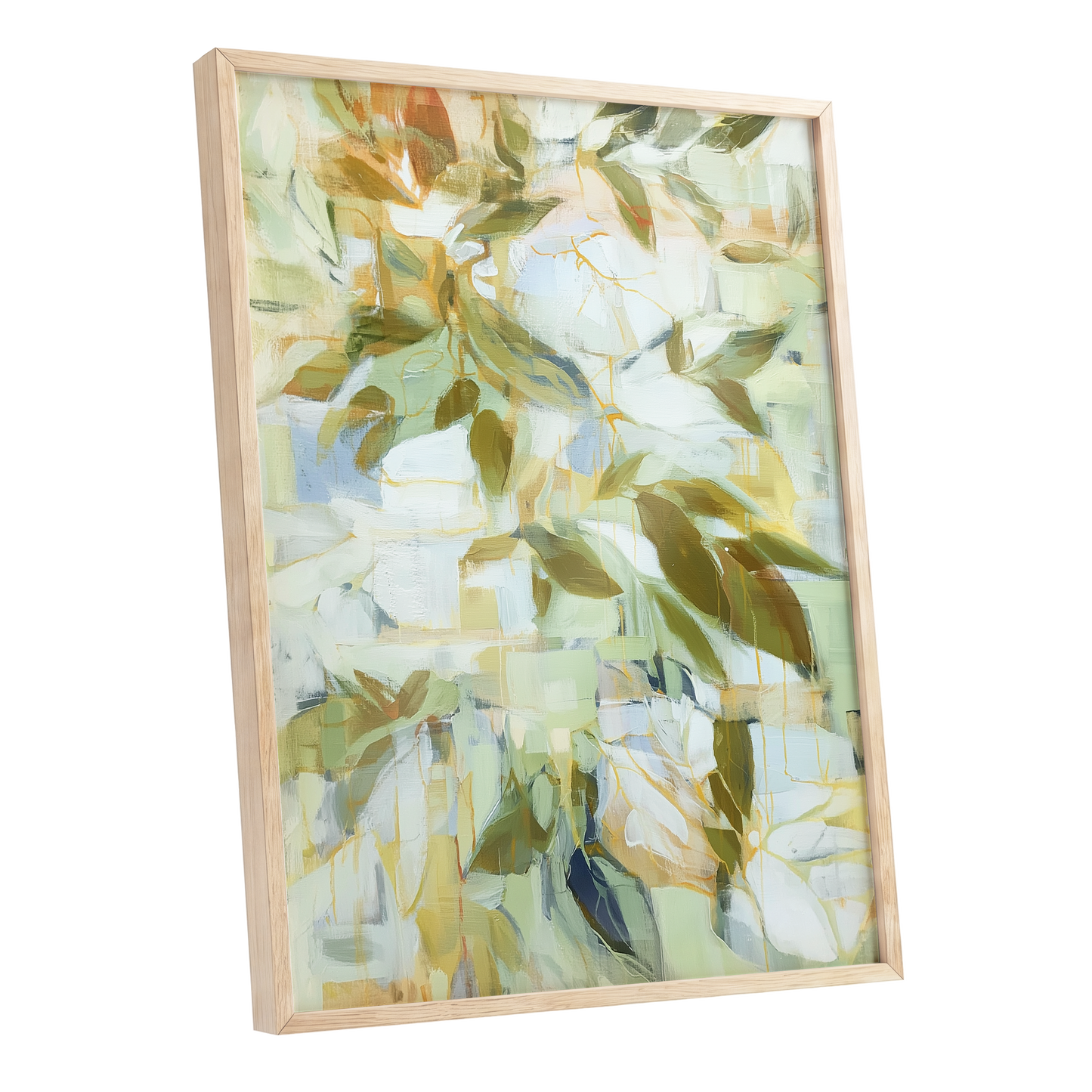 Verdant Drift, green, beige, white nature wall art shown as a oak framed poster wall art print