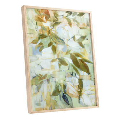 Verdant Drift, green, beige, white nature wall art shown as a oak framed poster wall art print