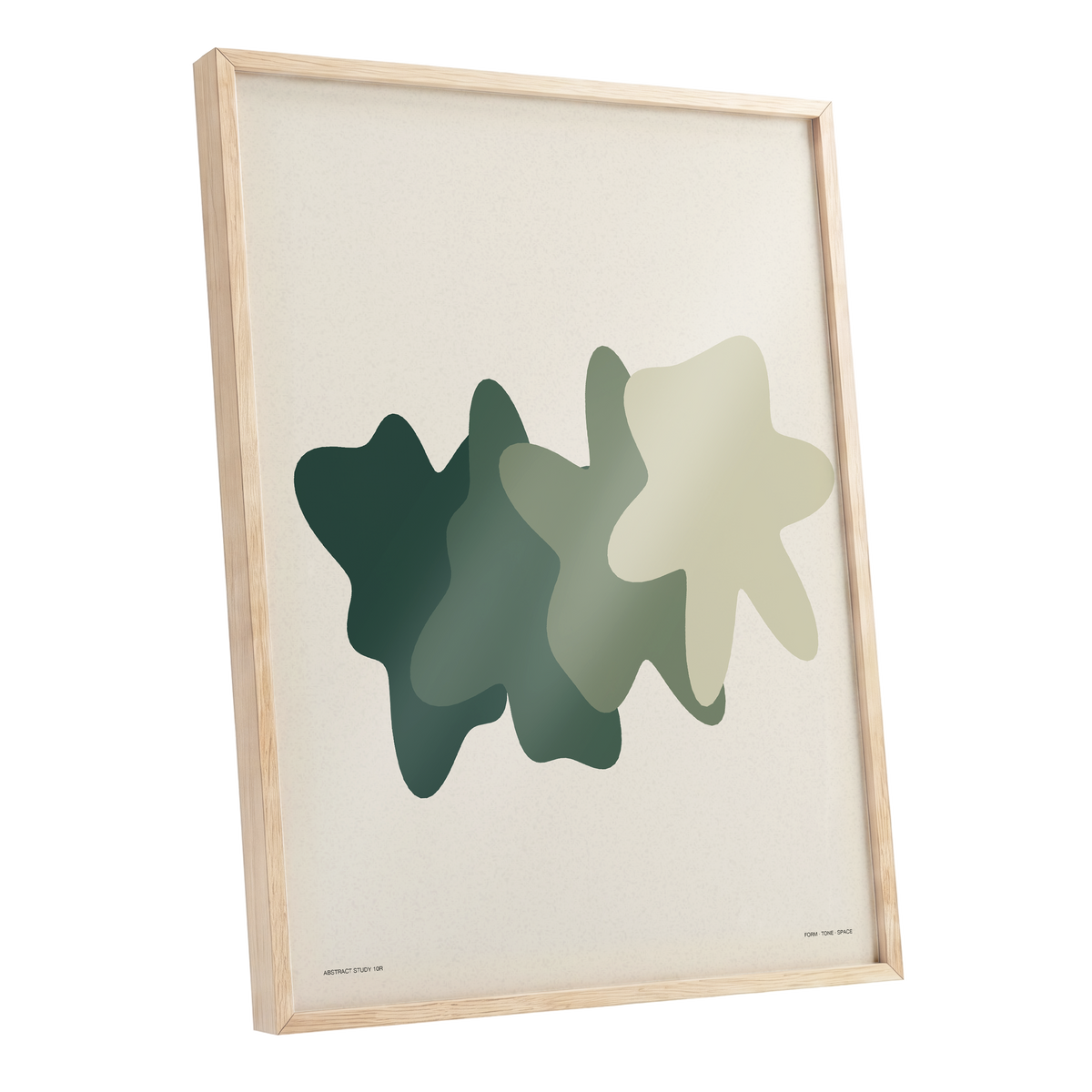 Verdant Drift, green, beige, white abstract wall art shown as a oak framed poster wall art print
