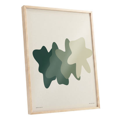 Verdant Drift, green, beige, white abstract wall art shown as a oak framed poster wall art print