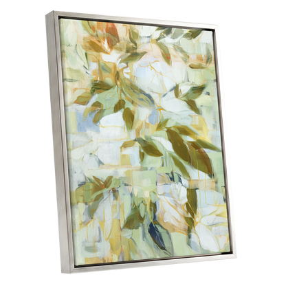 Verdant Drift, green, beige, white nature wall art shown as a silver framed canvas wall art