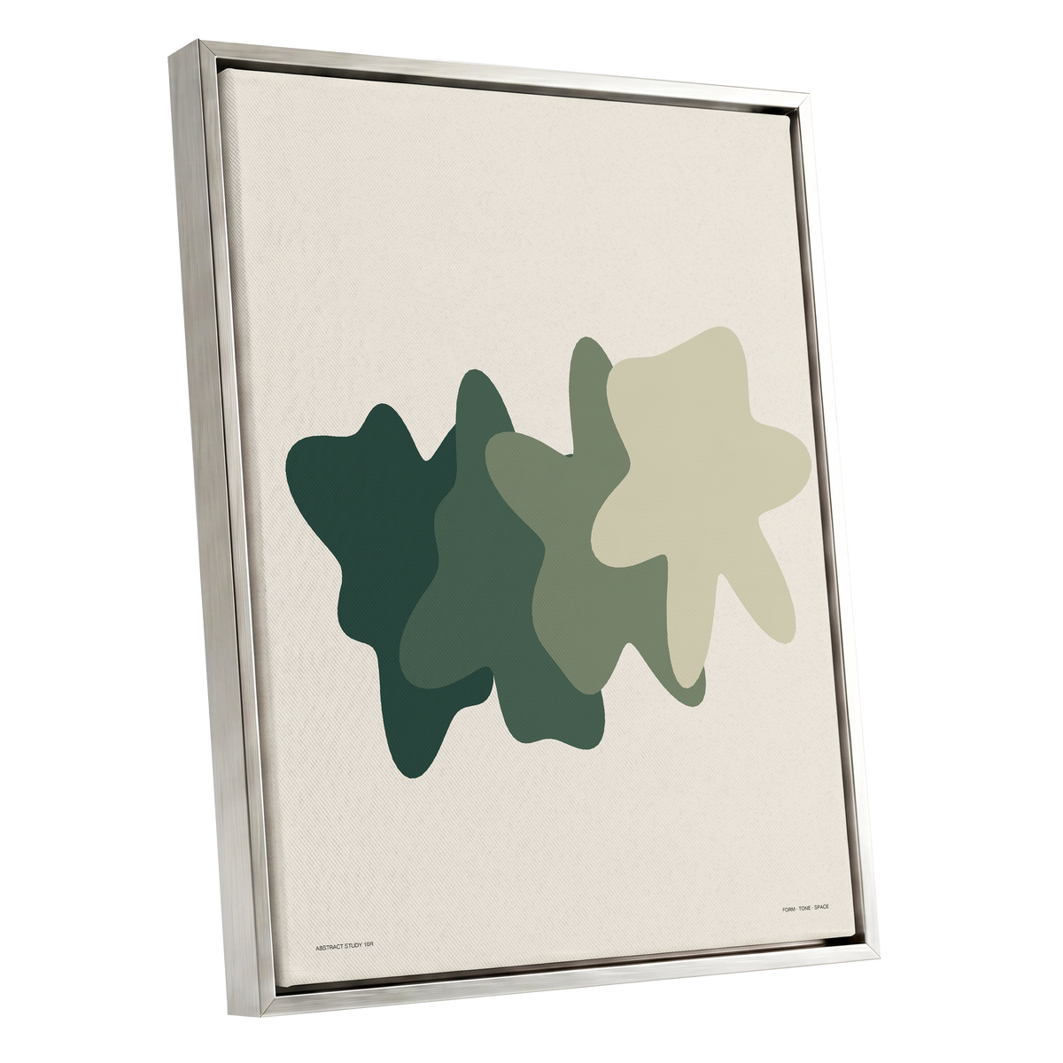 Verdant Drift, green, beige, white abstract wall art shown as a silver framed canvas wall art